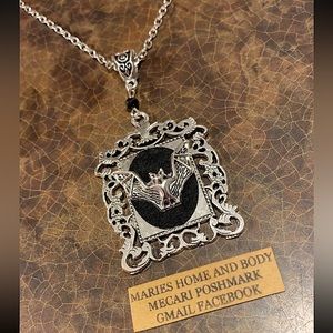 Bat Necklace Pendant Square Frame Black Antique Silver Goth Jewelry unisex New